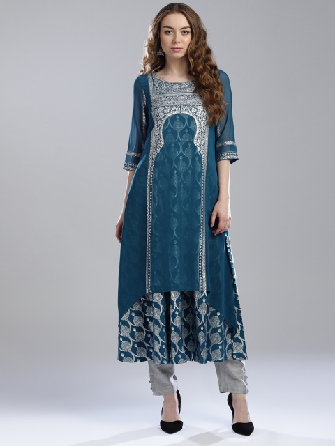 

Wishful by W Women Teal Blue & Silver Printed Layered A-Line Kurta