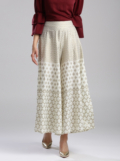 

W Women Off-White & Golden Printed Flared Palazzos