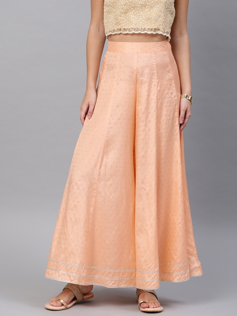 

W Women Peach-Coloured Embellished Wide Leg Palazzos