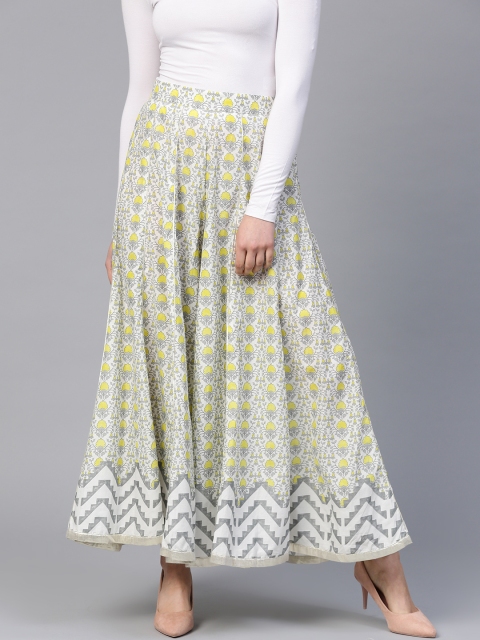 

W Women Off-White & Yellow Printed Flared Palazzos