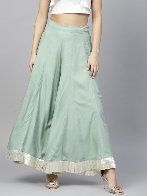 

W Women Sea Green Hem Design Flared Palazzos