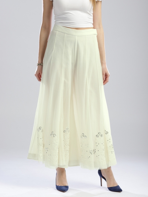 

W Women Off-White Flared Solid Net Palazzos