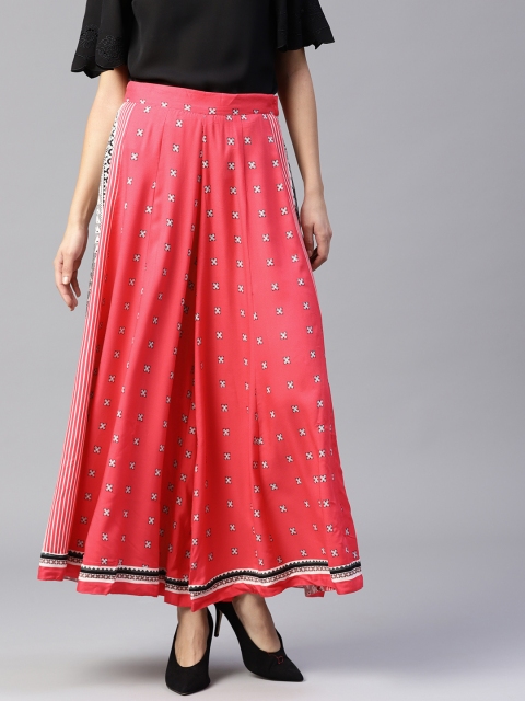 

W Women Coral Pink & Black Printed Flared Palazzos