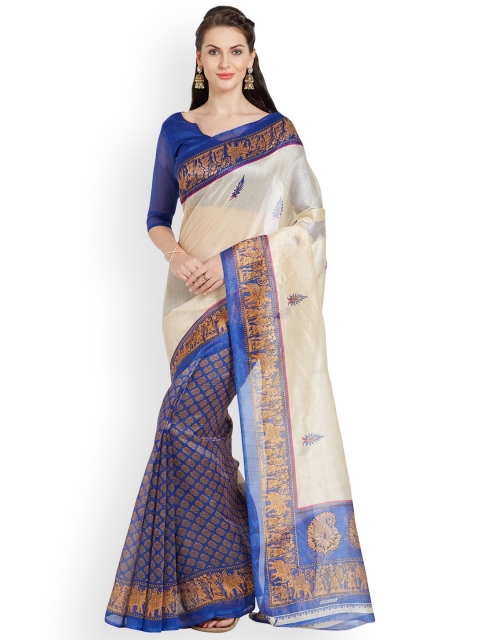 

Silk Bazar Beige & Blue Poly Silk Printed Bhagalpuri Saree