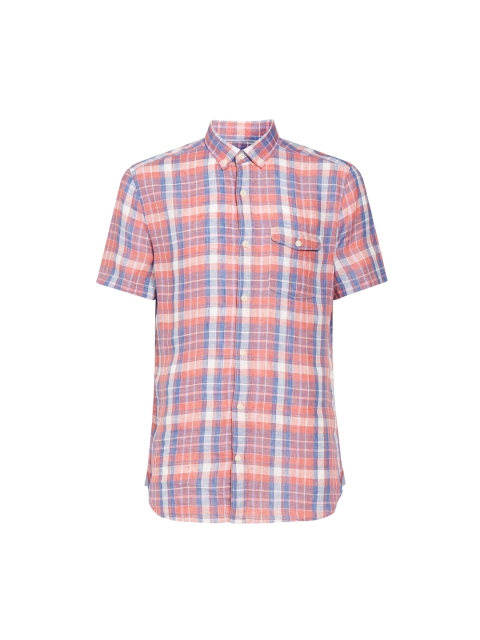 

next Men Coral & Blue Regular Fit Checked Casual Shirt