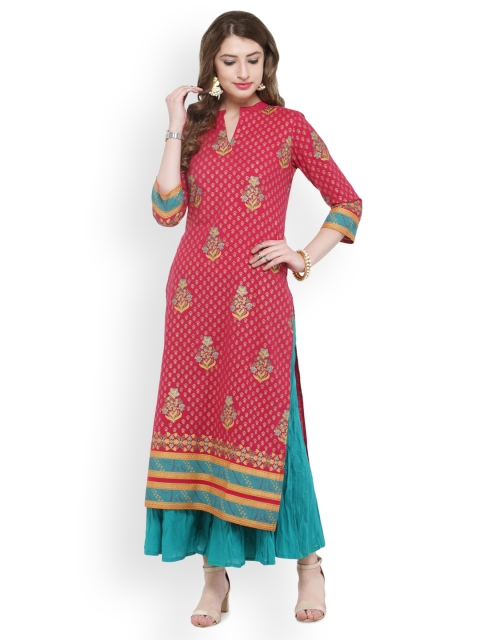 

Varanga Pink Printed Kurta With Turquoise Solid Palazzo
