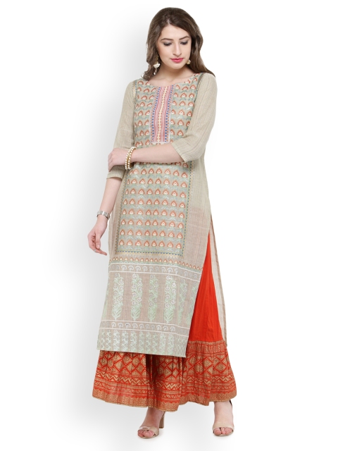 

Varanga Women Beige & Orange Printed Kurta with Skirt