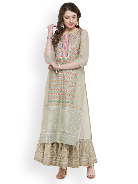 

Varanga Women Beige Printed Kurta with Skirt