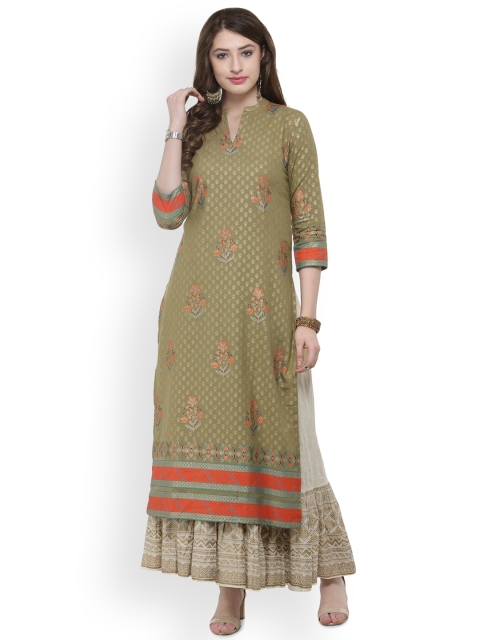 

Varanga Women Olive Green Printed Straight Kurta