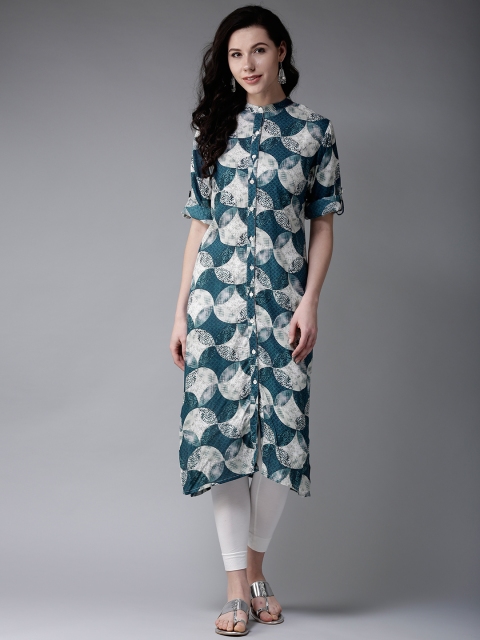 

Moda Rapido Women Teal Blue & Off-White Printed Straight Kurta
