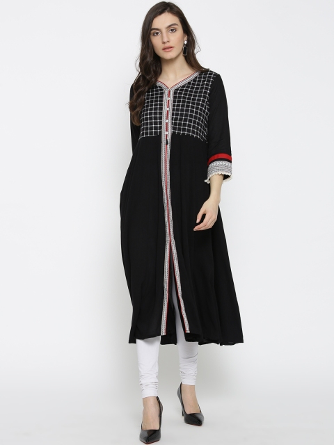 

Rangriti Women Black & White Checked A-Line Kurta