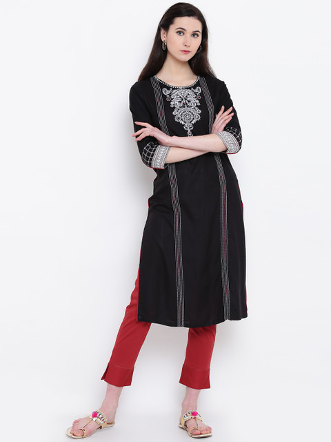 

Rangriti Women Black Embroidered Straight Kurta