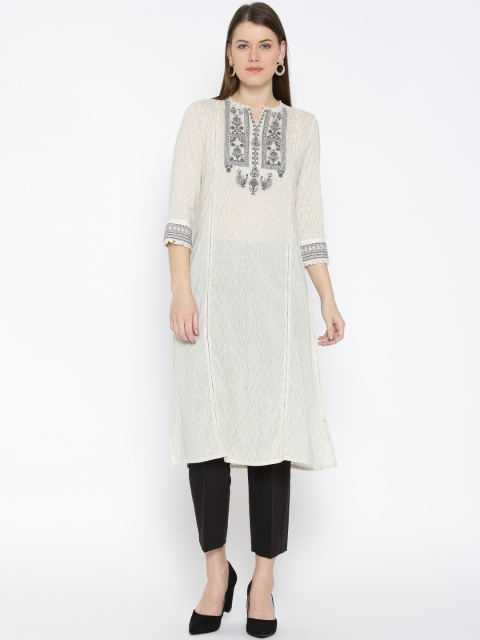 

Rangriti Women Cream-Coloured & Charcoal Grey Woven Design Straight Kurta