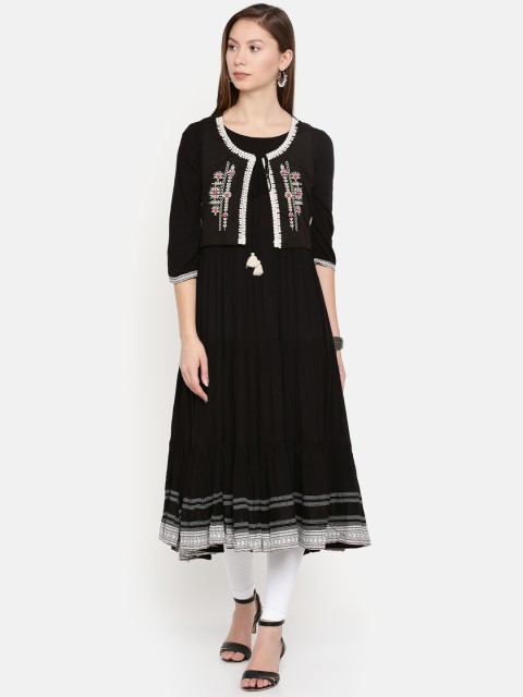 

Rangriti Women Black Solid Anarkali Kurta with Ethnic Jacket