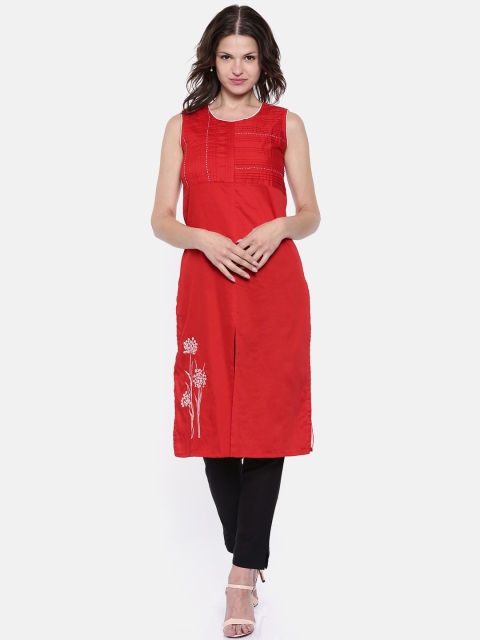 

Rangriti Women Red Embroidered Detail Straight Kurta