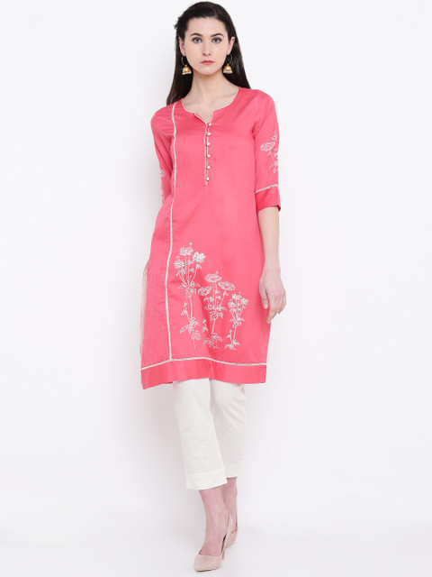 

Rangriti Women Coral Red Embroidered Straight Kurta