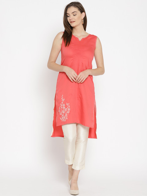 

Rangriti Women Coral Red Solid Straight Kurta