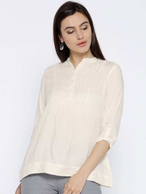 

Rangriti Women Cream-Coloured Self-Design Shirt Style Top with Tucks
