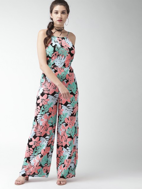 

FOREVER 21 Black & Pink Printed Basic Jumpsuit