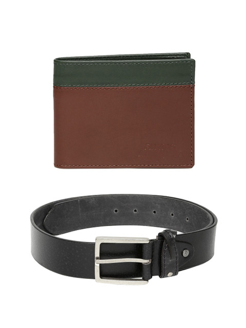 

Flying Machine Men Leather Belt & Wallet, Black
