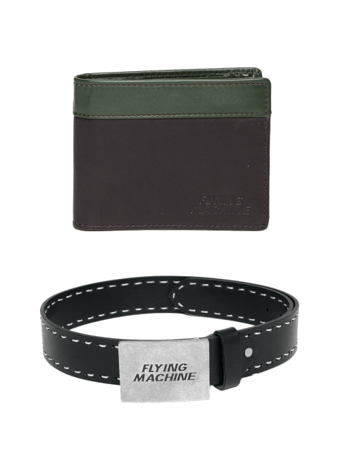 

Flying Machine Men Leather Belt & Wallet, Black