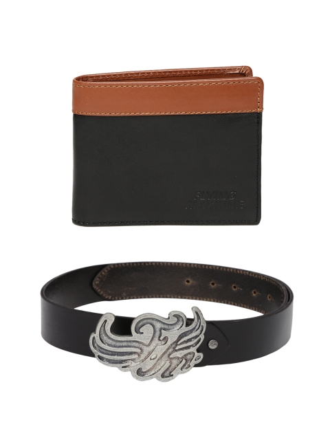 

Flying Machine Men Leather Belt & Wallet, Black