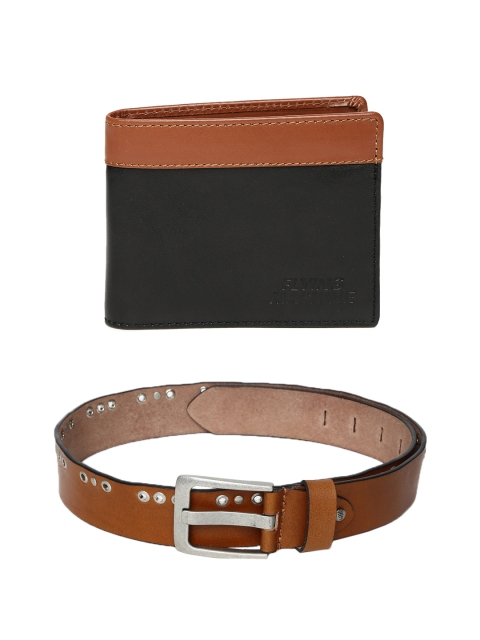 

Flying Machine Men Leather Belt & Wallet, Brown