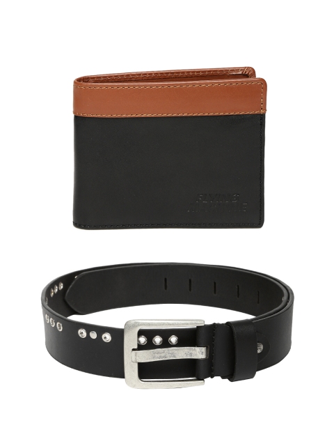 

Flying Machine Men Leather Belt & Wallet, Black