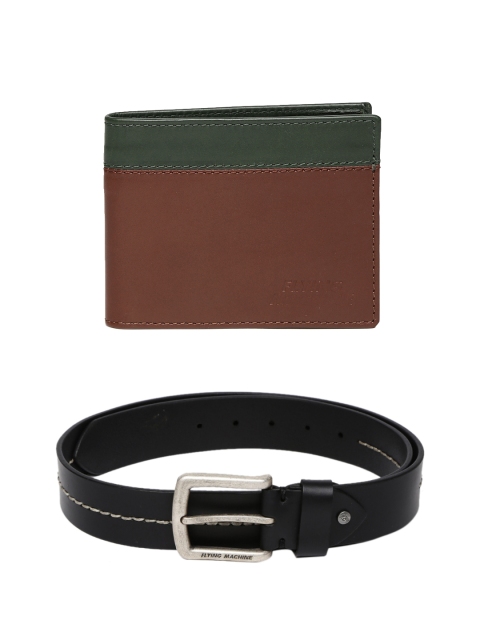 

Flying Machine Men Leather Belt & Wallet, Black