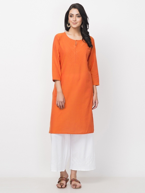 

Fabindia Women Orange Yoke Design Straight Kurta