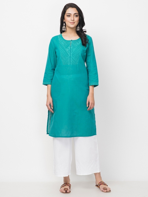 

Fabindia Women Green Embroidered Straight Kurta