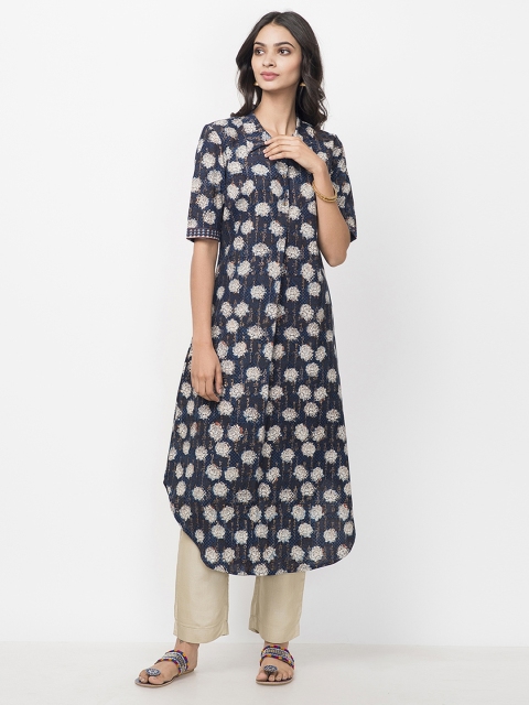 

Fabindia Women Navy Blue & Beige Handblock Print Pathani Kurta