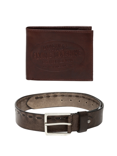 

Flying Machine Men Leather Belt & Wallet, Brown