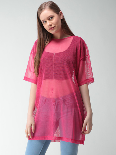 

FOREVER 21 Women Pink Solid Sheer Longline Top