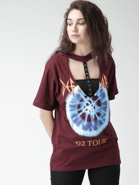 

FOREVER 21 Women Burgundy Printed T-shirt