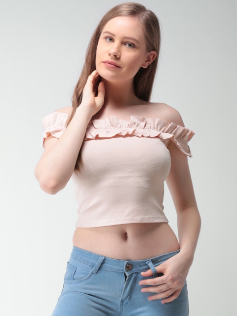 

FOREVER 21 Women Peach-Coloured Solid Bardot Top