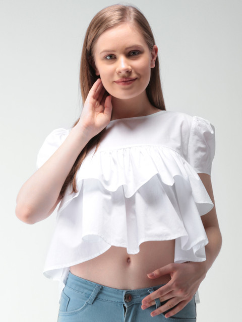 

FOREVER 21 Women White Solid A-Line Pure Cotton Top