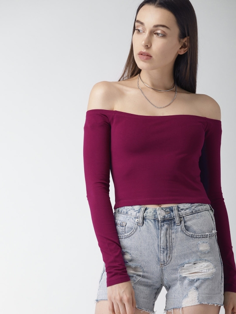 

FOREVER 21 Women Burgundy Solid Bardot Crop Top