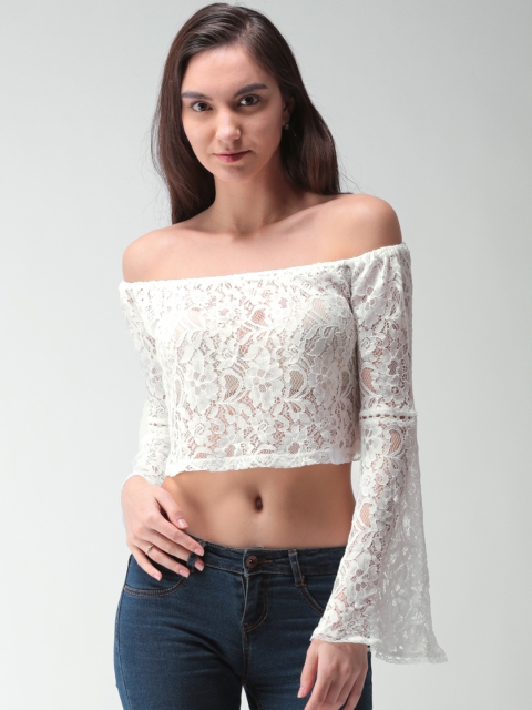 

FOREVER 21 Women Off-White Self Design Bardot Top
