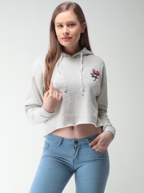 

FOREVER 21 Women Grey Solid Hooded Sweatshirt