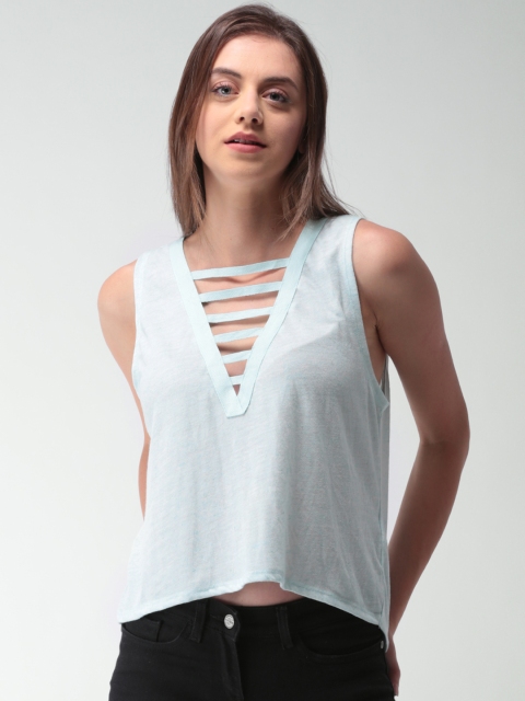 

FOREVER 21 Women Blue Stylized V-Neck Solid High-Low Top