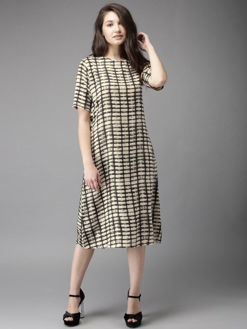 

HERE&NOW Women Beige & Black Checked A-Line Dress