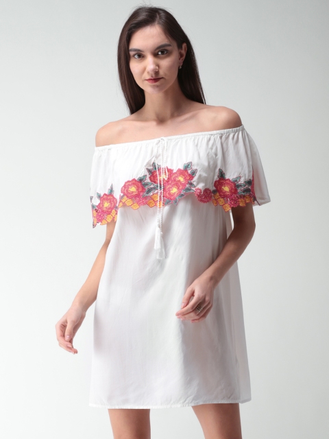 

FOREVER 21 Women Off-white Solid Off-Shoulder A-Line Dress
