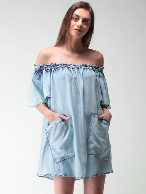 

FOREVER 21 Women Blue Solid Off-Shoulder Denim Dress