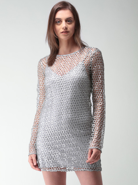 

FOREVER 21 Women Silver-Toned Self Design A-Line Dress