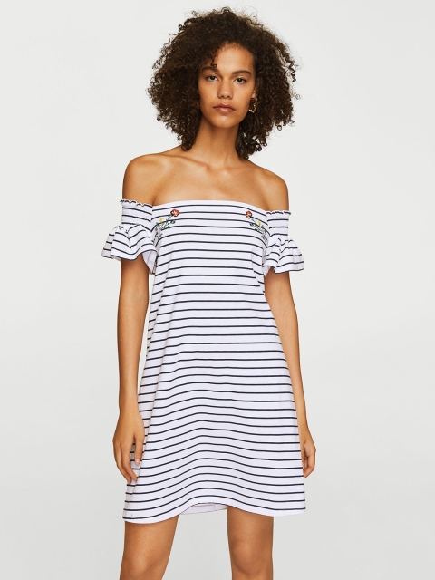 

MANGO Women White Striped Off-Shoulder A-Line Dress