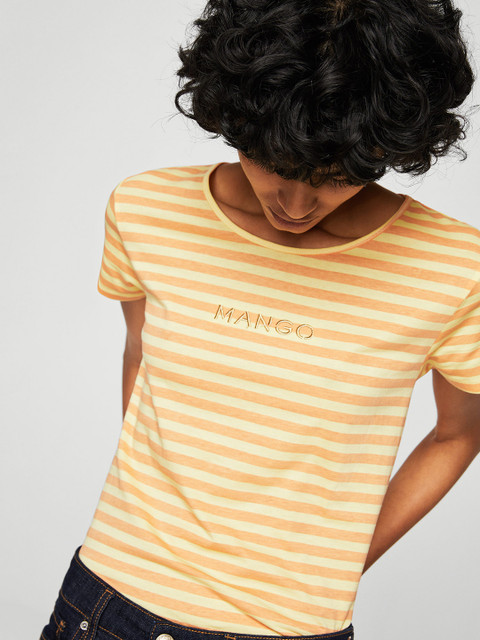 

MANGO Women Yellow & Orange Striped Round Neck T-shirt