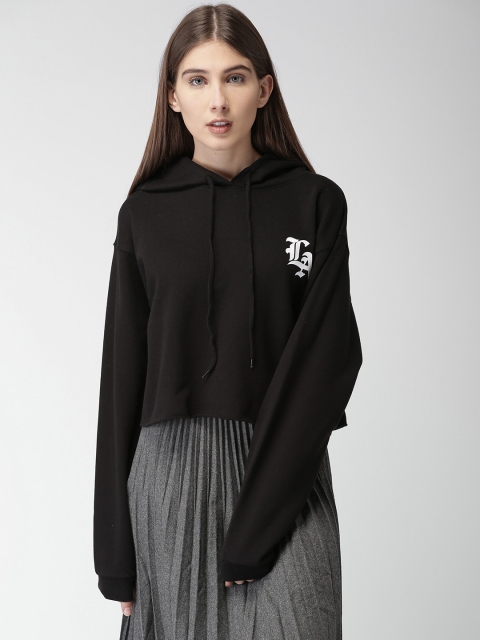 

FOREVER 21 Women Black Solid Hooded Sweatshirt