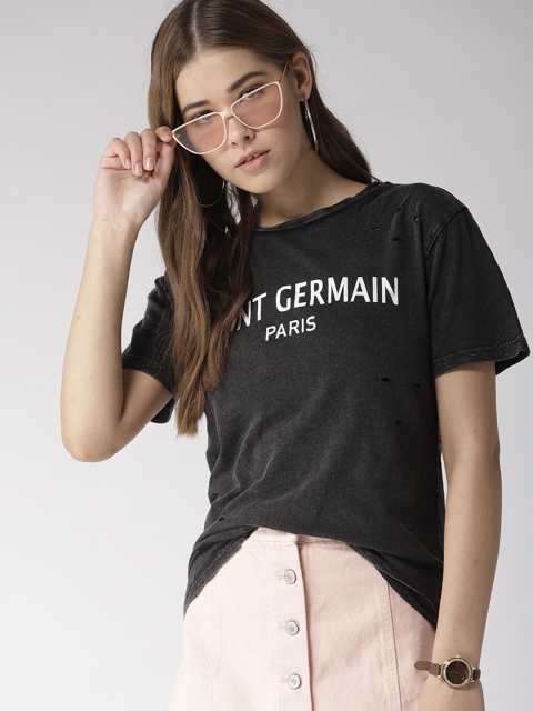 

FOREVER 21 Women Black Printed Round Neck T-shirt