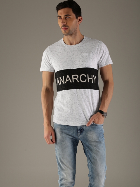 

Flying Machine Men White Self Design Round Neck T-shirt